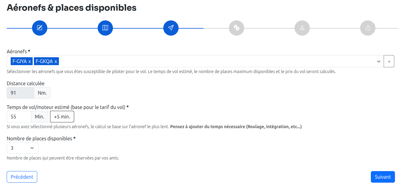Aéronefs et places disponibles