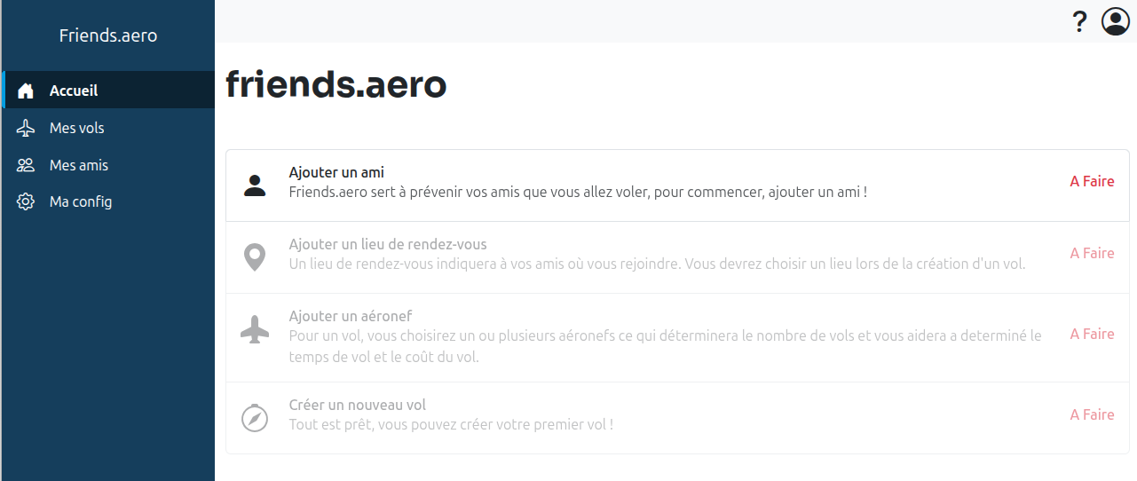 Tableau de bord premiere connexion