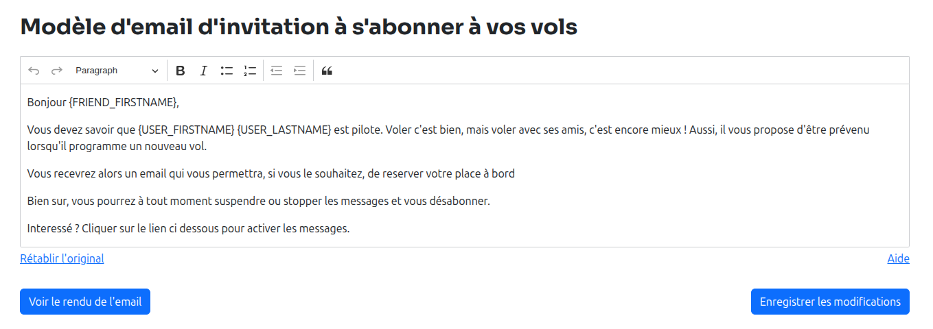 Éditeur d'email d'invitation