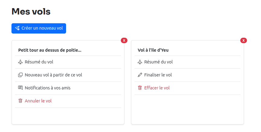 Menu d'actions d'un vol